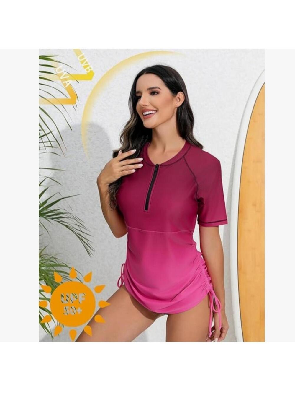 Halcurt Pink Short Sleeve Zip Rash Guard Swim Top Medium